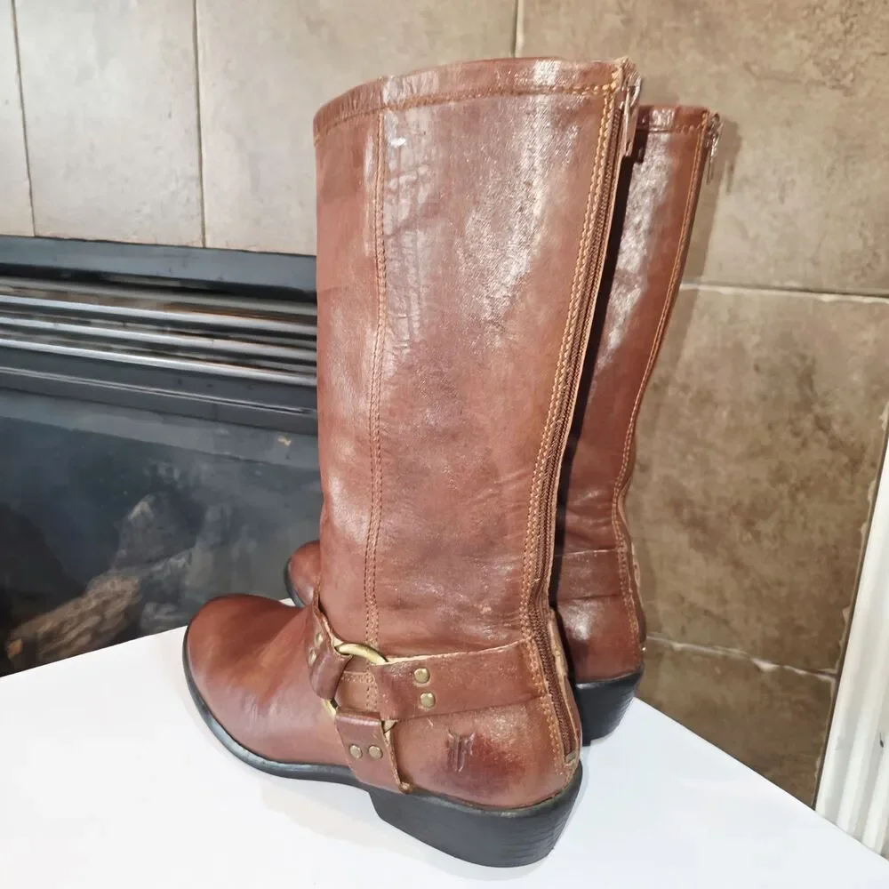 FRYE PHILLIP HARNESS Sz4 Vintage Youth Cognac Brown Zip Up Distressed Tall Boots